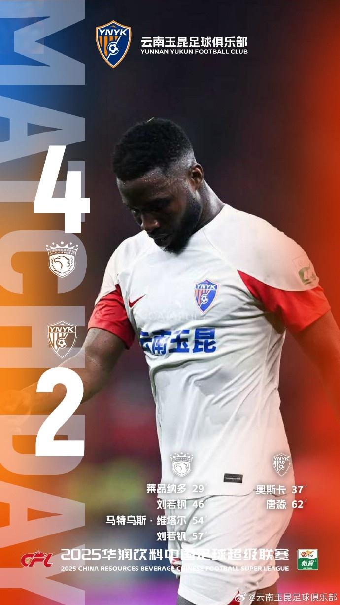 九游-中超联赛第24轮，客场作战的云南玉昆最终以2比4不敌对手